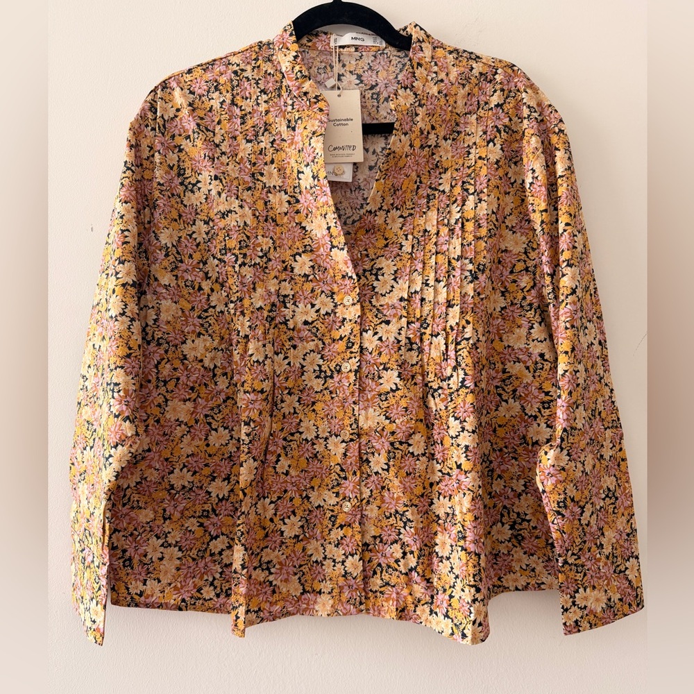Mango MNG Blouse Womens Button Down Floral Print Long Sleeve 100% Cotton Small 4